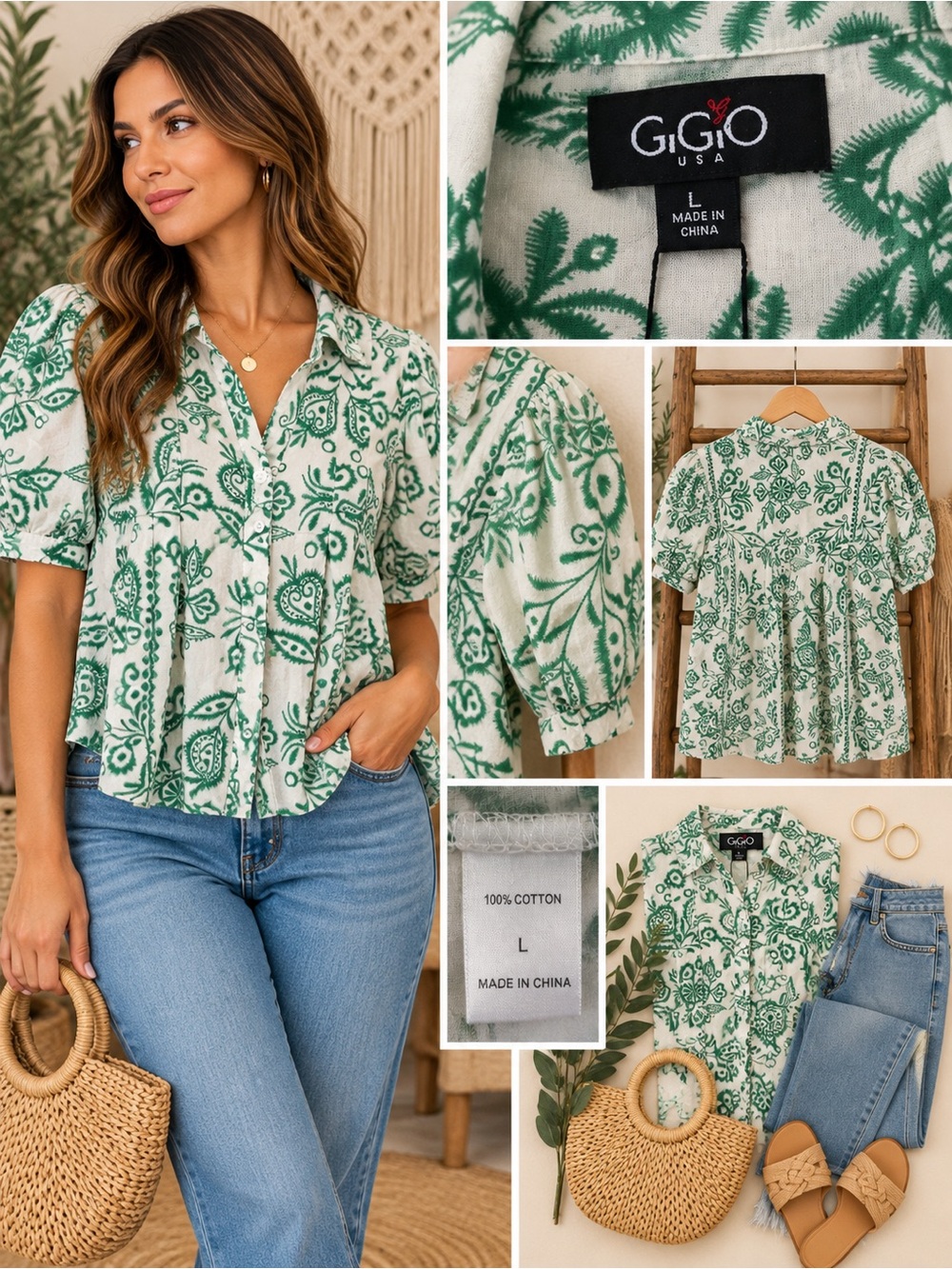 GIGIO Green Printed Cotton Peasant Blouse Size L